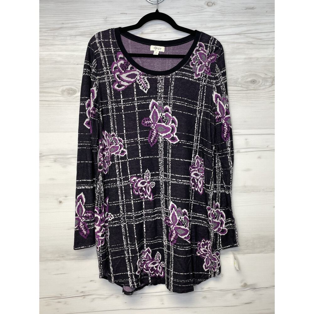 Style & Co Womens Medium Floral Plaid Sweater Dress Purple Black HO18 100028362‎